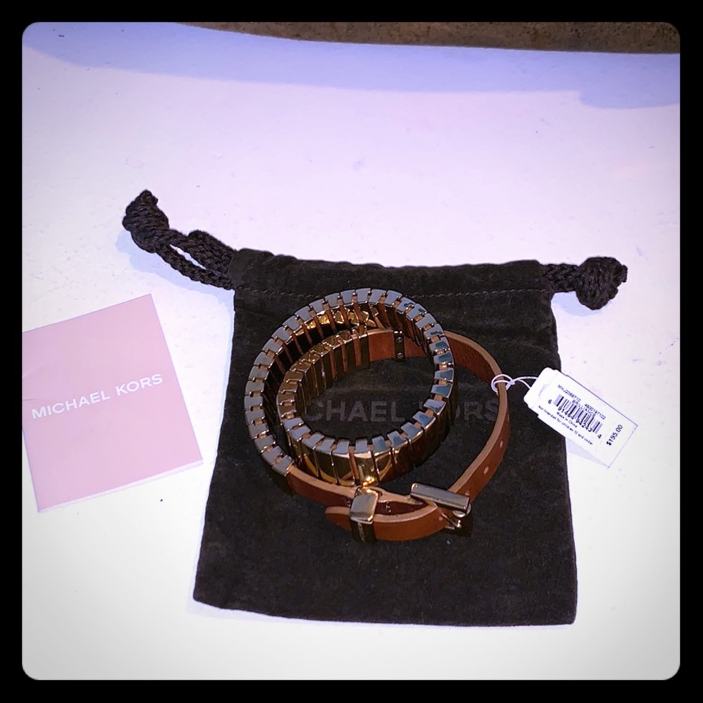 MK cognac leather & gold double wrap bracelet